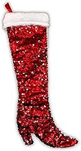 Needzo Women's High Heel Boot Shaped Reversible Sequin Christmas Stocking, Red and Silver Flip Sequins Hanging Fireplace Decoration, 16 Inches