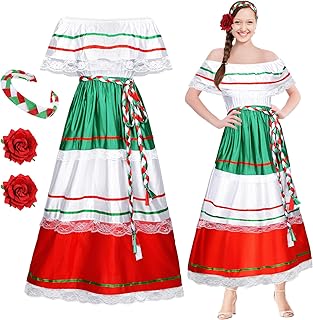 Traditional Mexican Dress for Women Fiesta Senorita Costume Spanish Dress with Flower Hair Clip Headband(Large)