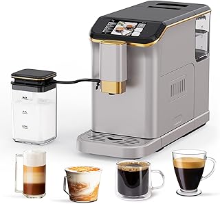 Full Automatic Espresso Machine with Built-In Grinder & Milk Frother - FTF Touchscreen Coffee Maker for Latte/Cappuccino, 20 Bar Pressur & 1.5L Water Tank, 1350W, Gold