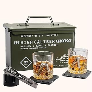 Whiskey Glasses and Stones in Unique Tactical Box Display | Bourbon Cocktail Cups, Coasters and Tongs | Gifts for Men | Glass Set