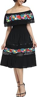 Mexican Dress for Women Embroidered Traditional Boho Theme Fiesta Floral Lace Off-Shoulder Ruffle Party Dress