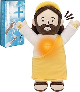Talking Jesus Plush Toy with Glow, 13.4'' Resurrection of Jesus Speaks Bible Verses Story Songs, Easter Toys with Greeting Card, Jesus Stuffed Doll for Easter Gift (Yellow)