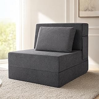 Folding Sofa Bed, Convertible Sleeper Chair with Pillow, Fold Out Chair Bed, Memory Foam Floor Couch Mattress, Foldable Futon Couch Lounge for Living Room Bedroom Guest Room (Grey, Single)