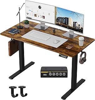 Electric Standing Desk,48x24 Inches Adjustable Height Stand up Desk, Sit Stand Home Office Desk with Splice Board, 3 Preset Heights,Equipped with Hooks,Ergonomic Computer Workstation,Brown