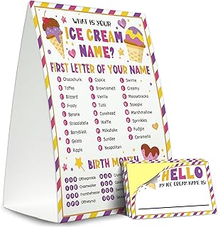 What is Your Ice Cream Name Game Kit (1 Standing Sign + 30 Name Cards),Ice Cream Party Decor,Perfect for Birthday Party Activities