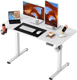 Furmax Electric Standing Desk, 45 x 24 Inches Height Adjustable Sit Stand up Desk, Memory Preset Computer Home Office Desks with Sturdy Metal Frame, Phone Stand Cable Management Hole (White, 45'')