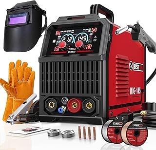 BESTMIG 145A 4-in-1 Multi-Process Welder, 110V/220V MIG/TIG/MMA/Stick Welding Machine, Gas & Gasless Flux Core Welder with Synergy IGBT Inverter, Includes Welding Helmet & Gloves