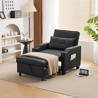 VINGLI Sleeper Chair 3-in-1 Convertible Sofa Bed Adjustable Recliner Sofa Modern Pull Out Couch Bed with 2 USB Ports 2 Cup Holders 2 Side Pockets for Living Room Bedroom Small Spaces, Black