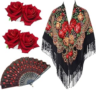 4Pcs Raditional Mexican Flamenco Dress for Women,Retro Scarf Wrap Tassel Floral Printing Shawl, Rose Flower Hair Clip Comb,Embroidered Sequins Handheld Folding Fan Halloween Day of the Dead Costumes