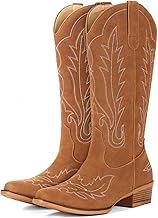 Suede Cowboy Boots for Women Suede Split Leather Mid Calf Cowgirl Western Boots Classic Embroidered Retro Snip Toe Chunky Heel Pull On