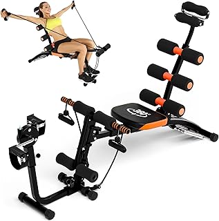 Ab Workout Bench for Home Gym, 6 in 1 Adjustable Ab Workout Machine with Headrest 360° Twisting Seat Pedal Multi-Functional Adjustable Weight Bench Equipment for Total Body