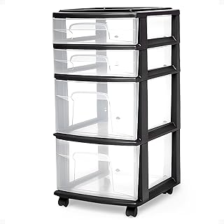 HOMZ Drawer Tower, 4-Tier Clear Plastic Storage Organizer Cart, Black Frame - Multi-Purpose Rolling Drawers with Wheels for Bedroom, Bathroom, and Office Organization