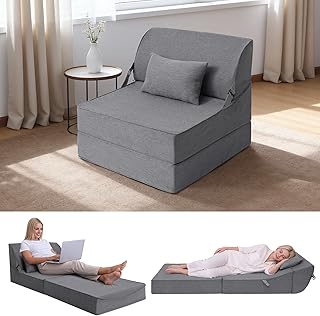 BeBen Folding Sofa Bed Chair, Convertible Sleeper Chair Futon Couch, Foldable Boneless Floor Lounge Sofa, Single Foam Chair Bed for Small Spaces, Dorm, Guest Room, Living Room, Apartment, Dark Grey