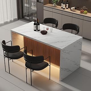 63" Large Imitation Marble Dining Table for 4-6 People,Kitchen Island Table with LED Lights, Mordern Marble Stripes Kitchen Dining Table with Grille design for Dining Room,Living Room (White)
