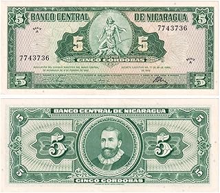Nicaragua 5 Cordobas Banknote 1962, Uncirculated, Green, Collectible Currency