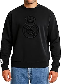 Officially Licensed Real Madrid Cotton Terry Crewneck Pullover Sweater – Monochromatic Black Soccer Apparel, Medium