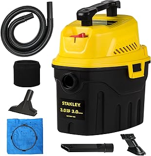 Stanley 3 Gallon Portable Shop Vacuum, 3 Peak HP Wet Dry Suction Vac,Multi-functional Crevice Nozzle with Retractable Hose Vacuum for Home, Car Detailing, Jobsite, Garage & Workshop SL18910P-3