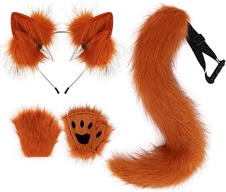 HAOAN Faux Fur Wolf Ears Headband Fox Tail and Paw Gloves Set Cosplay Halloween Costume Accessories