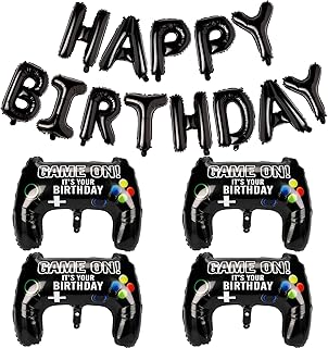 Black Happy Birthday Balloons, 29" Huge Video Game Controller Aluminum Foil Balloon Banner for Boys Birthday Gaming Party Decorations Supplies