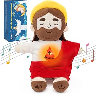 Yelakey Soothing Jesus Plush Toys with Light & Sound, 15" Jesus Stuffed Breathing Plushy Doll, Christian Catholic Religious Plushie Christmas Easter Gifts for Kids Baby (Red)