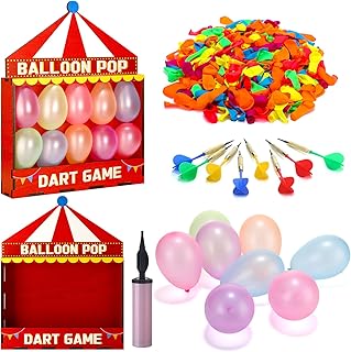 Seenelling Balloon Dart Carnival Game Set Carnival Themed Wooden Box with 500 Balloon 8 Colorful Darts Adhesive Dots for Booth Game Birthday Party Backyard Lawn Event 16.5'' x 12.5'' x 4.5''