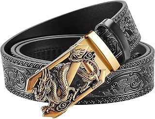 Luxury Men's Belts Engraved Vintage Dragon Head Automatic Buckle Alloy, Leather Men Waist Strap, Slide Easier Adjustable Belt, Cut To Fit, Men Dress Casual Ratchet Belt