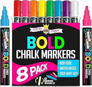 Bold Chalk Markers - Dry Erase Marker Pens - Liquid Chalk Markers for Chalkboards, Signs, Windows, Blackboard, Glass, Mirrors - Chalkboard Marker with Reversible Tip (8 Pack) - (Multicolored, 6mm)