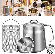 2-in-1 304 Stainless Steel Multifunctional Deep Fryer Pot with Basket & Strainer, Large Capacity Oil Filter Pot, Bacon Grease Container with Steel Pour for Kitchen, Camping, Cooking (68oz/2L)