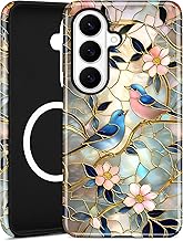 Compatible with MagSafe Case for Samsung Galaxy S25, Cute Aesthetic Stained Glass Flower Bird Magnetic Design Phone Case, Soft TPU and Hard PC Protective Phone Cover for Women Girls