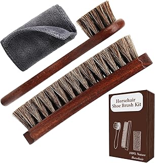 3-Piece 100% Horse Hair Shoe Brush Kit for Leather Care – Professional Dauber Applicators and Polishing Brushes with Cleaning Cloth for Leather Shoes, Boots, Bags, Jackets & Car Detailing