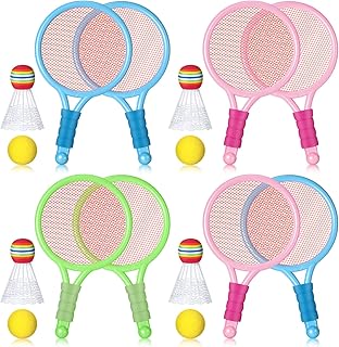 Wettarn 8 Pcs Plastic Kids Tennis Racket with 4 Tennis Balls and 4 Shuttlecocks Training Balls Beach Racket Set in 3 Colors for Kids Outdoor Sports Gifts