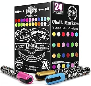 Loddie Doddie Chalk Markers - Pack of 24, 6mm Reversible Tips - Liquid Chalk Pens for Glass Surfaces & Windows - Erasable Pens for Chalkboard Calendar - Non-Toxic Chalkboard Markers