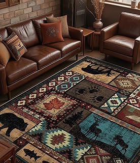 YIHOUSE Rustic Cabin Area Rug 8x10,Machine Washable Lodge Bear Rug,Non-Slip Low Pile Print Pattern Southwestern Rug for Living Room Bedroom