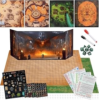 Foldable Battle Mat with DM Screen, Game Tokens, Dice Set - 2-Sided Wet & Dry Erase Terrain, Ultimate DND Starter Set, Accessories, Gift for Dungeon Master & Player