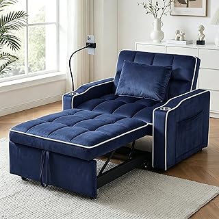 mikibama Pull Out Chair Bed Tufted,37.2" Wide Convertible Blue Sleeper Chairs with Storage Pocket & Cupholder & Phone Holder,3-in-1 Recliner Single Sofa Couch Bed for Adults Small Spaces