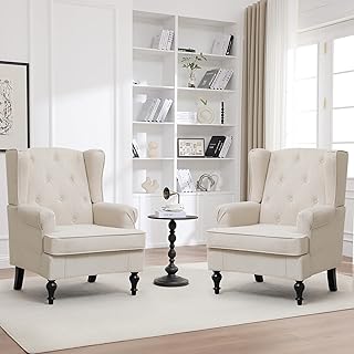 Accent Chair Set of 2, Mid Century Modern Fabric Wingback Chair, Upholstered Armchair with High Back and Vintage Legs, Comfy Single Sofa Side Reading Chair for Living Room Bedroom, Khaki