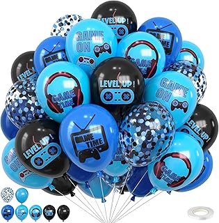 Video Game Balloons,12 Inch Blue and Black Game Theme Printed Balloons Confetti Balloon with Ribbon for Teens Player Birthday Game Party Decorations