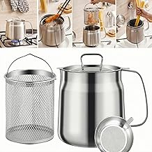 50oz 304 Stainless Steel Deep Fryer Pot with Basket & Strainer, Large Capacity Bacon Grease Container for Kitchen,Frying, Cooking, Camping,Oil Filter Container - Dishwasher Safe (50oz/1.5L/1.7Qt)