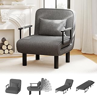 Furniliving 4 in 1 Folding Sofa Bed Chair, Convertible Sleeper Chair Bed with 6-Position Adjustable Backrest, Upholstered Chaise Lounge with Pillow, Accent Chairs for Bedroom/Office, Linen, Darkgrey