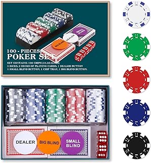 Homwom Poker Chip Travel Set, 100PCS 5 Color Professional Poker Chips in Cardboard Gift Box, 11.5 Gram Clay Composite Casino Poker Chips for Casino Card Games Texas Holdem Blackjack