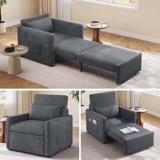 Ahomly 3 in 1 Pull Out Sleeper Chair, 75.2" Long Convertible Sofa Bed for Adults, Corduroy Armchair Chair Bed & Single Sleeper with Pillow for Dorm/Bedroom, Dark Grey (Dark Grey)