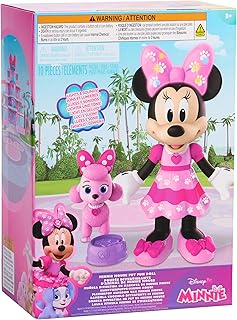 Disney Jr. Minnie Mouse Pet Fun Doll – 10-Inch Poseable Minnie Doll with Lights & Sounds, Accessories, Pink Poodle Toy, Kids Gift for Ages 3 and Up by Just Play, Kids Toys for Ages 3 Up by Just Play