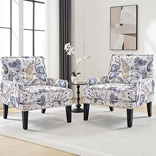 ANJ Floral Accent Chair Set of 2 with Lumbar Pillow,Upholstered Wingback Reading Armchair with Nailhead Trim, Mid-Century Single Sofa Chair for Living Room, Bedroom, Blue Floral