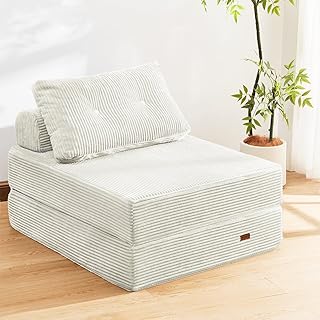 Folding Sofa Bed Chair, Sleeper Chair for Adults with High-Density Foam and Pillow,Portable 3 in 1Folding Chair Bed for Living Room、Apartment 、Hotel,Single, Creamy Apricot