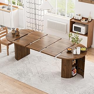 43-95 Inch Long Round Extendable Dining Table for 4-10, Space Saving Oval Large Dinner Kitchen Table with 3 Leaf, 2 Storage, Fluted Mid Century Modern Dining Room Table for Living Room, Walnut