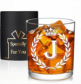 Personalized Whiskey Glasses Gifts for Men, Letter J Initial Whiskey Glass, Christmas Birthday Gifts for Men Husband Brother Dad, 10 OZ Old Fashioned Glass with Gift Box(Letter J)