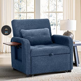 Convertible Sleeper Chair-Fabric Futon Sofa Bed, Single Sleeper Sofa, Small Couch Bed with USB Port, Foldable Table, Pillow, Adjustable Backrest for Dorm/Bedroom/College Blue