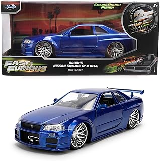 Toys Fast & Furious 1:24 Scale Anniversary Edition 1999 Nissan Skyline GT-R (BNR34) Die-Cast Car – Blue Brush Metal Finish with Opening Hood, Doors, and Trunk