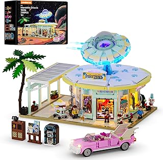 Interstellar-Diner Lighting-Building-Bricks City Set - 2188 Pcs Road UFO Drive-in Restaurant Modular Collection LED Light Space Car Restaurant Set for Adults and Travelling Enthusiasts