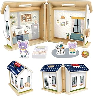 Fisher-Price Wood Pretend Play Toy Dollhouse, 6-Piece Wooden House Playset for Travel Preschool Kids Ages 3+ Years